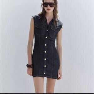Zara Dress Womens Large Blue Denim Sleeveless Shirt Snap Button Front Pockets